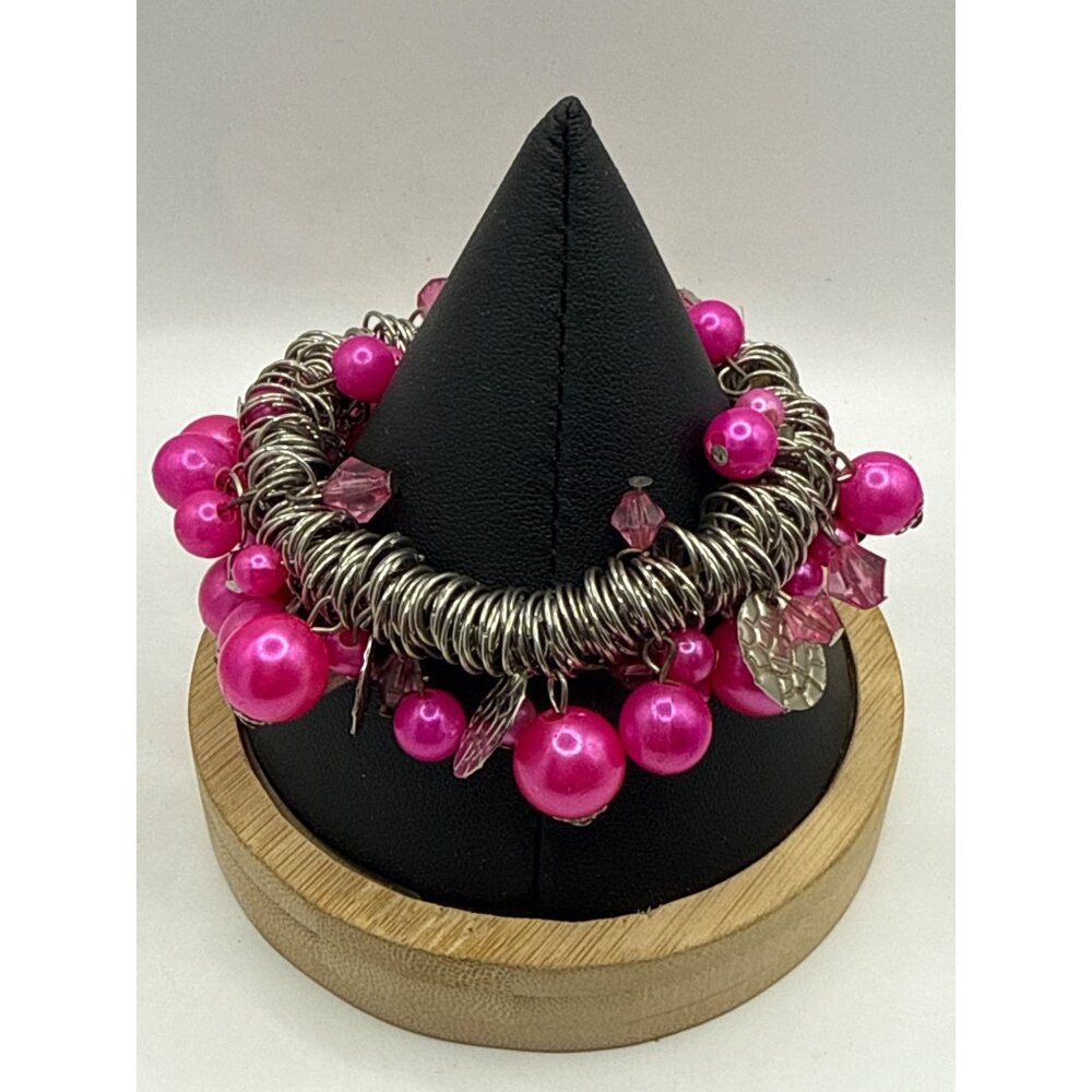 Chunky Pink Pearl & Silver Coil Statement Charm Bracelet Paparazzi - Picture 2 of 3